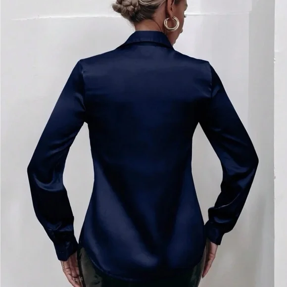 Luxe Stain Button Down Up Shirt Top Blouse Work Office Navy Blue - Picture 2 of 6